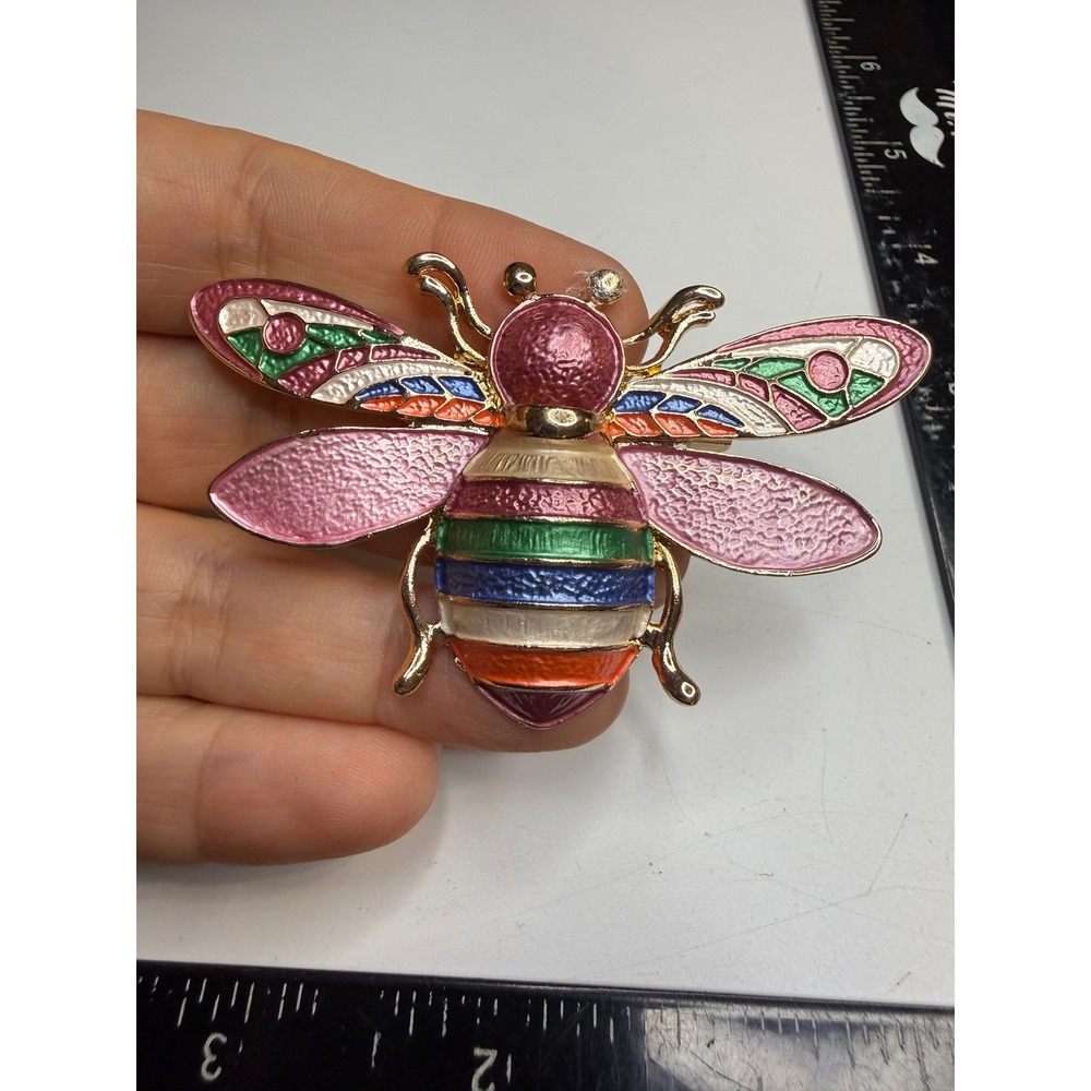 Multi-Color Enamel Bumblebee Brooch Gold Tone Rainbow Insect Pin 2.5"